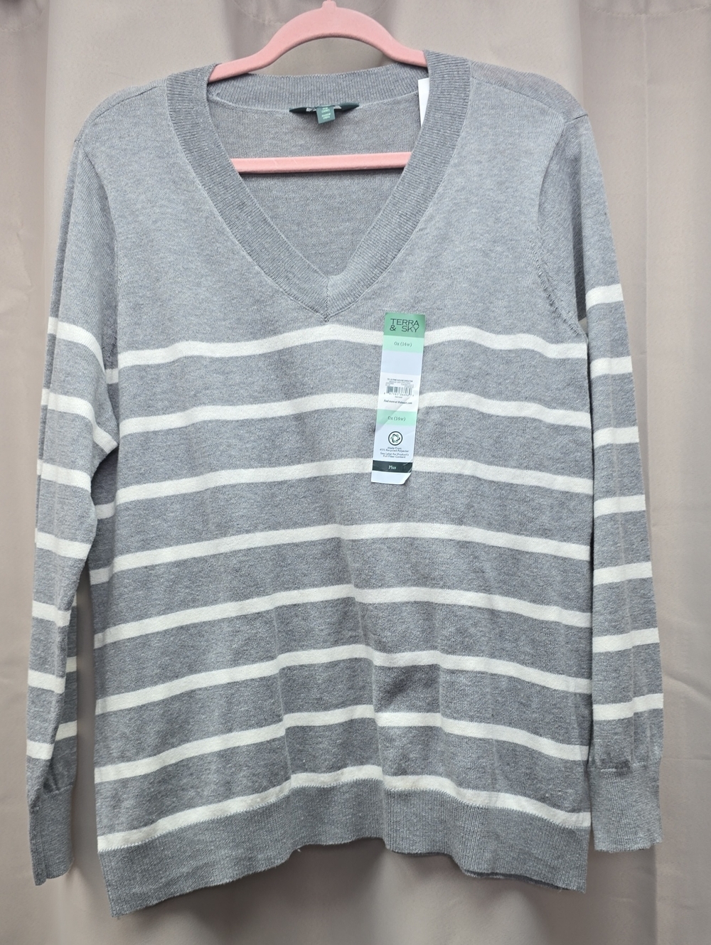 Terra & Sky Gray and Cream Striped V-Neck Sweater